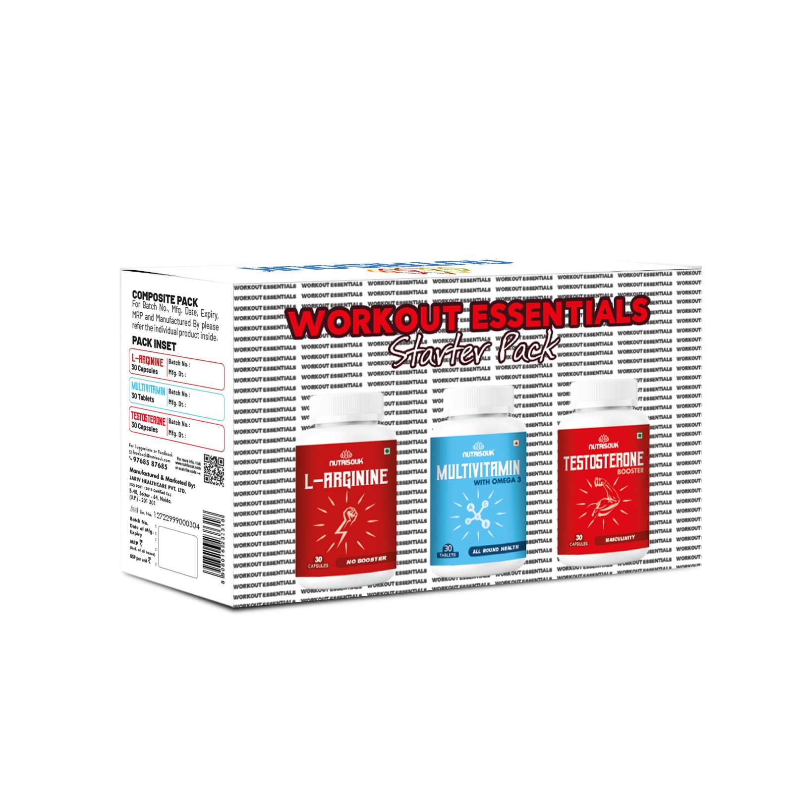 1 Workout Starter Pack | Workout Support with Multivitamin Omega 3 Fatty Acids, Testosterone Booster, L-Arginine, 30 Each - Image 1